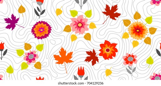 Light autumn garden with Japanese motifs.. Seamless vector pattern with chrysanthemums, asters and leaves inspired by 1950s-1960s design. Retro textile collection. On white background.