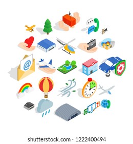 Light aviation icons set. Isometric set of 25 light aviation vector icons for web isolated on white background