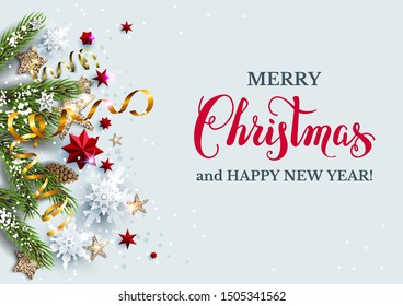 Light backdrop with festive decorations serpentine, stars, snowflakes. Festive winter template with inscription Merry Christmas