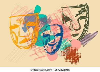 light background with abstract geometric figures in pink colors with green and smiling and sad faces, vector for covers, cards, brochures, postcard, post