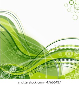 light background with abstract wavy green lines, transparent bands, circles and spiral patterns
