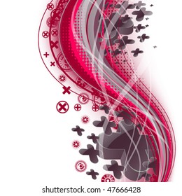 light background with abstract wavy red lines, transparent bands and crosses