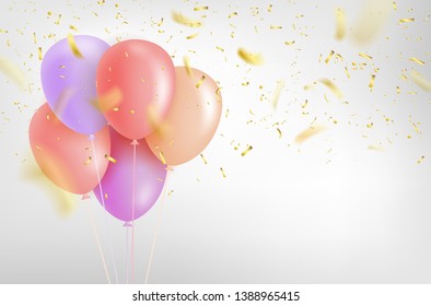 Light background, air balloons and flying golden confetti. Party invitation with copy space for your text - vector illustration.