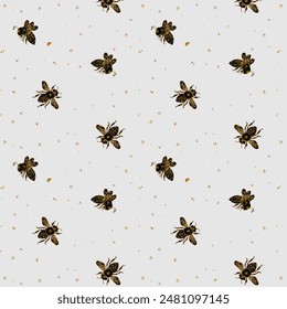 Light background with bees.Vector seamless pattern with golden bees on a light background.