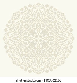 Light background with beige mandala ornament in the east style. Ideal for printing on fabric or paper for wallpapers, textile, wrapping. Vector illustration.