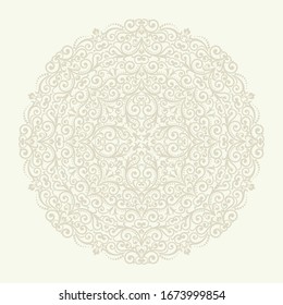 Light background with beige mandala ornament in the east style. Ideal for printing on fabric or paper for textile, wrapping. Vector illustration.