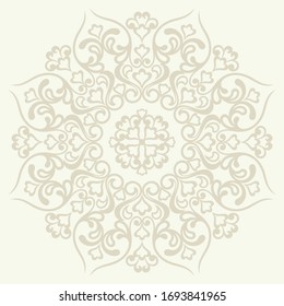 Light background with beige mandala ornament in the east style. Ideal for printing on fabric or paper for textile, wrapping. Vector illustration.