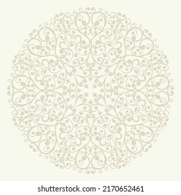 Light background with beige mandala ornament in the east style. Ideal for printing on fabric or paper for textile, wrapping. Vector illustration.