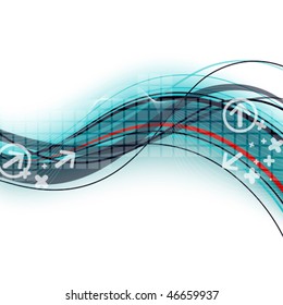light background with blue abstract wavy lines, transparent squares and arrows with crosses