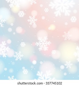 Light background with bokeh and blurred snowflakes, vector illustration