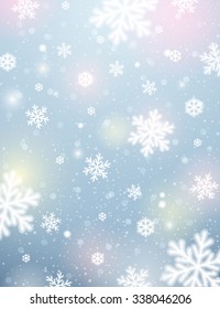 Light background with bokeh and blurred snowflakes, vector illustration