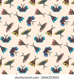 Light background with butterflies.Vector seamless pattern with multicolored butterflies on a light background.