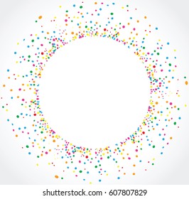 Light background in circular format with colorful dots texture around a space for text. To use on birthday cards and general parties.