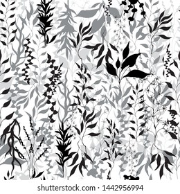 Light background of climbing plants, twigs and leaves. Climbing plants. Black and white vintage texture for fabric, tile, wallpaper.