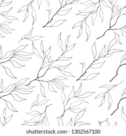 Light background of contour branches. Silhouette of leaves. Endless textures.