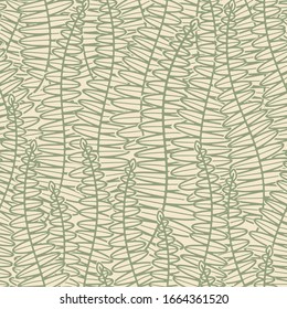 Light background with contour lines of green fern leaves. Vector botanical print for fabric, paper, wallpaper