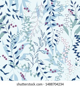 Light background from contour plants. Seamless ornament of leaves and plants on a gentle background. Vintage floral texture for fabric, tile, wallpaper.