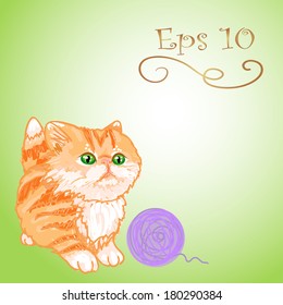Light background with cute kitten and knitting yarn