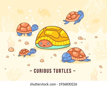 Light background design with cute little turtles. Curious turtle characters swimming and living in ocean. Marine wildlife and animals concept. Template for promotional or invitation web page