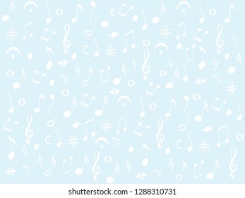 Light background with different type of musical notes. Vector blue illustration