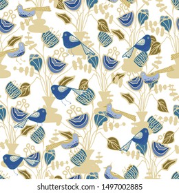 a light background with drawings of blue birds with abstract flowers