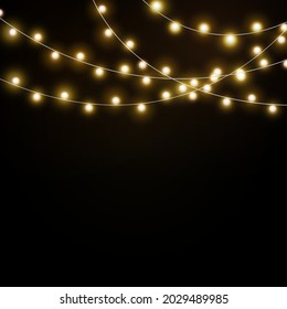 Light background garlands. Christmas lights realistic, glowing led neon lamps. luminous bulbs, holiday electric illuminating. Banners, posters or greeting card isolated vector elements