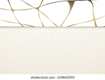 Light background with gold kintsugi and golden mandala. Golden kintsugi design for cover, invitation, flyer, etc.