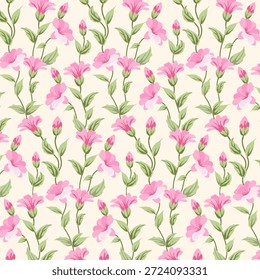 Fondo claro con hermosas flores de color rosa y hojas verdes. Patrón sin fisuras de Vector con flores de color rosa y hojas verdes sobre un fondo de color.