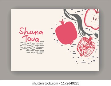 Light background with hand drawn apple,Garnet,shofar. Shana Tova.Rosh hashanah (jewish New Year holiday) concept. Traditional symbols.day of the holy assembly.Judaism.