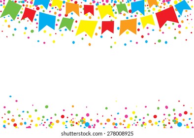 Light background of happy June Festival with space to put text in the middle. Colorful flags and confettis on top of it