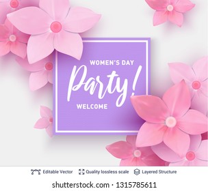 Light background with holiday party text and pink flowers. 8 of March Women's Day card or banner template.