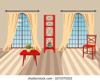 Light background with an interior. Room with red furniture. Isolated interior items. Window with beige curtains and sunlight. Vector illustration.

