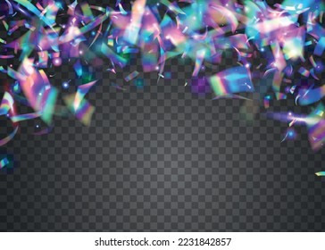 Light Background. Laser Flare. Violet Shiny Confetti. Bokeh Tinsel. Holographic Effect. Surreal Art. Blur Realistic Serpentine. Glitter Foil. Purple Light Background
