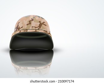 Light Background Military helmet with camouflage patterns. Metallic army symbol of defense and protect. Editable Vector illustration.