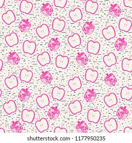 Light background with pink apples and pomergranate.Seamless pattern.extile design for children clothes.Template wallpaper for children room.Vector illustration.Hand drawn ornament.Pastel colors.