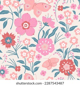 Light background with pink flowers and butterflies. Decorative seamless pattern for wrapping paper, wallpaper, textiles, greeting cards and invitations.