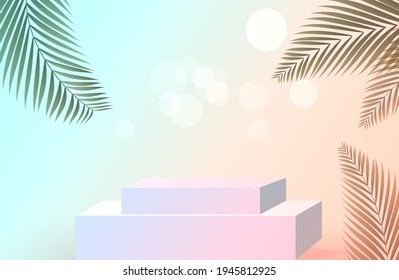 heller Hintergrund mit Podium und Palmenblättern. 3-D-Podium zur Darstellung von Kosmetika. Vektor.