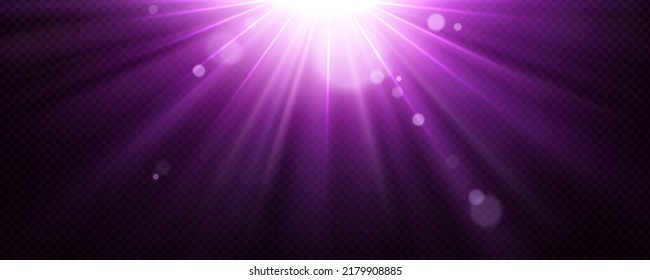 Light Background With Purple Beams And Flare Effect Glow On Transparent Layout. Abstract Magic, Spotlight Or Sun Shine Template For Advertising. Stardust Explosion Realistic 3d Vector Illustration