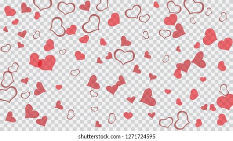Light background. Red hearts of confetti are falling. The idea of wallpaper design, textiles, packaging, printing, holiday invitation for Valentine's Day. Red on Transparent background Vector.