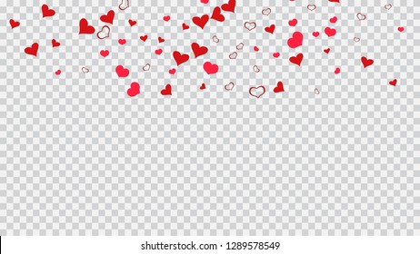 Light background. Red hearts of confetti are falling. Red on Transparent background Vector. The idea of wallpaper design, textiles, packaging, printing, holiday invitation for Valentine's Day.