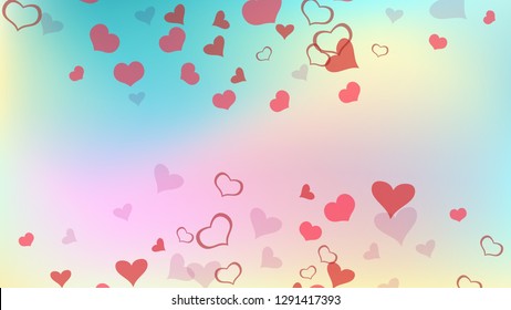 Light background. Red hearts of confetti crumbled. Red on Gradient background Vector. A sample of wallpaper design, textiles, packaging, printing, holiday invitation for Valentine's Day.