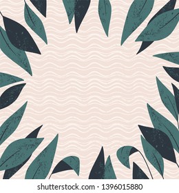 light background with a sandy texture around the perimeter surrounded by tropical leaves. Seamless sand texture