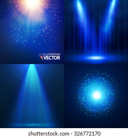 Light background set. Shining collection. Spotlights, banners & explosions. Bokeh design. Vector illustration