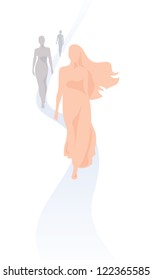 Light background with silhouettes girls models walk the podium