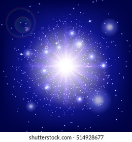 Light background texture. Stage vector. Magic stars. Sunshine rays. Illustration of a blue backdrop.
