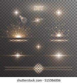 Light background texture. Stage vector. Magic stars. Sunshine rays. Set of golden light effects on a transparent backdrop.
