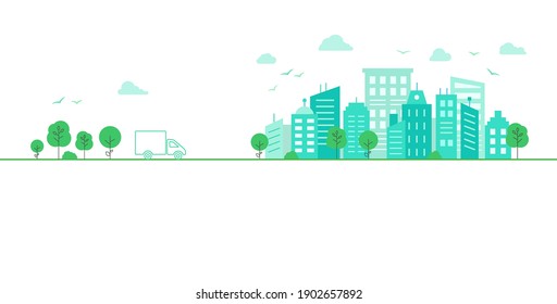 Light background with urban landscape. Car goes on the road to the city. Panorama architecture buildings. Urban life Vector illustration in flat style.
