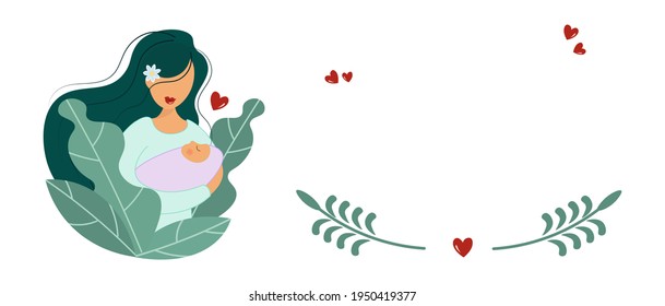 Light banner for mother's day. A young mother lovingly holds her baby in caring hands. Love, care and motherhood concept. Flat vector illustration. Background with large green decorative plants.