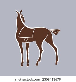 Light bay riding horse with fiery temper. Strong, hardy stallion. White outline on brown silhouette. Purebred riding breeding odd-hoofed animal. Adult male racehorse. Strength, endurance, speed symbol