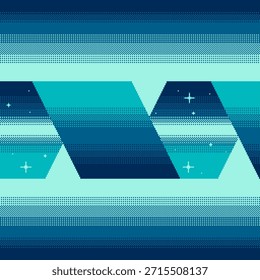 Light Beam with Abstract Space Ribbon on the Horizon, Dithered Gradient, Blue Hue Halftone Pixel art Styled Illustration